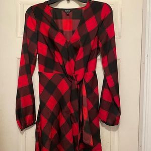 Express Red/Black buffalo plaid faux wrap dress